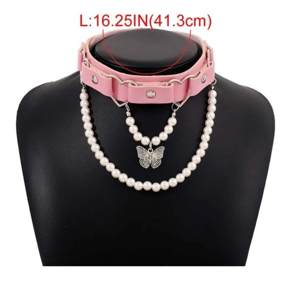🦋 Lovely Pastel PU Leather Faux Pearl Tassel Tiered Butterfly Hearts Choker 💕 - Picture 5 of 5